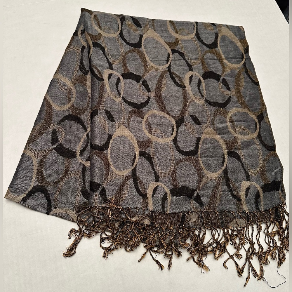 Authentic Pashmina Gray Brown Tan Oblong Rings Reversible With Fringe